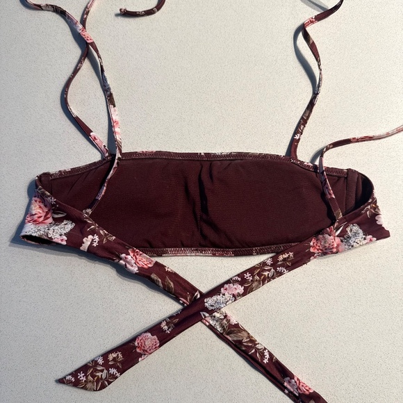 Floral Tie-Up Bandeau Bikini Top Red/Brownish Color w/ Pink and White Floral - Picture 3 of 5